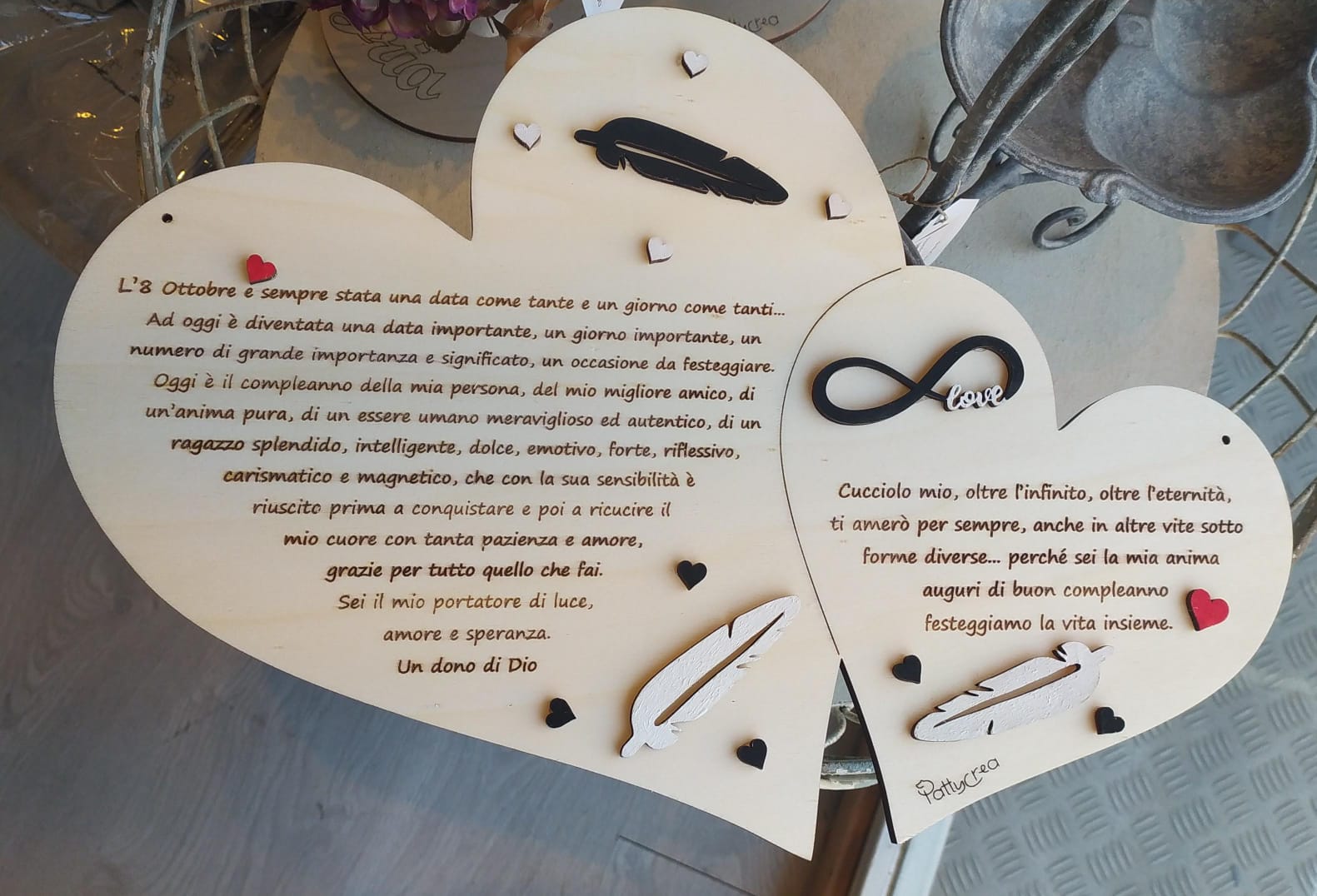 Cuore doppio con frase piume cuori infinito 40cm persolazzibile Pattycrea 